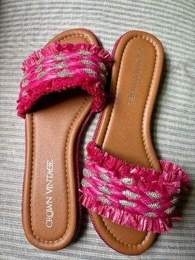 Hot Pink Raffia and Rhinestone Slide Sandals